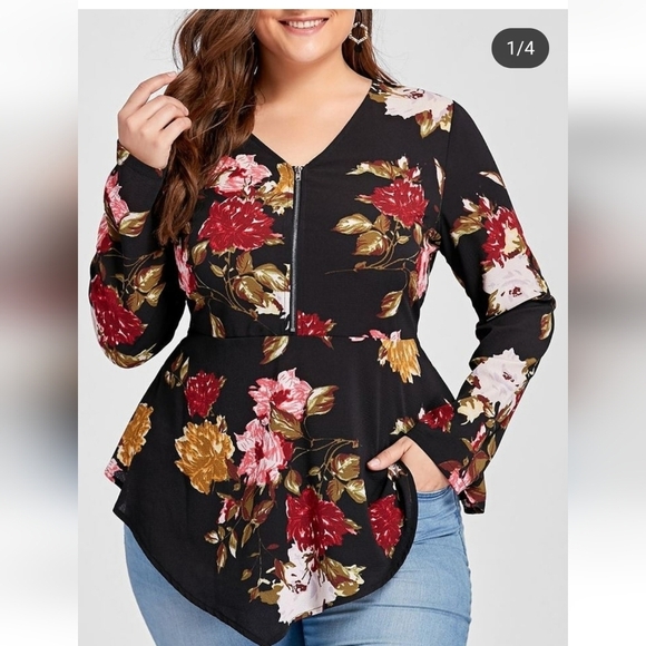 Rosegal Black Floral Peplum zip Front Top 4x - Picture 1 of 8
